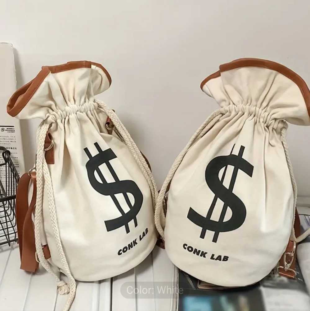 Cream Drawstring Backpack with Dollar Sign - Picture 3 of 4